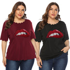 Damen modisches T-Shirt mit glänzendem Lippenmotiv R&B