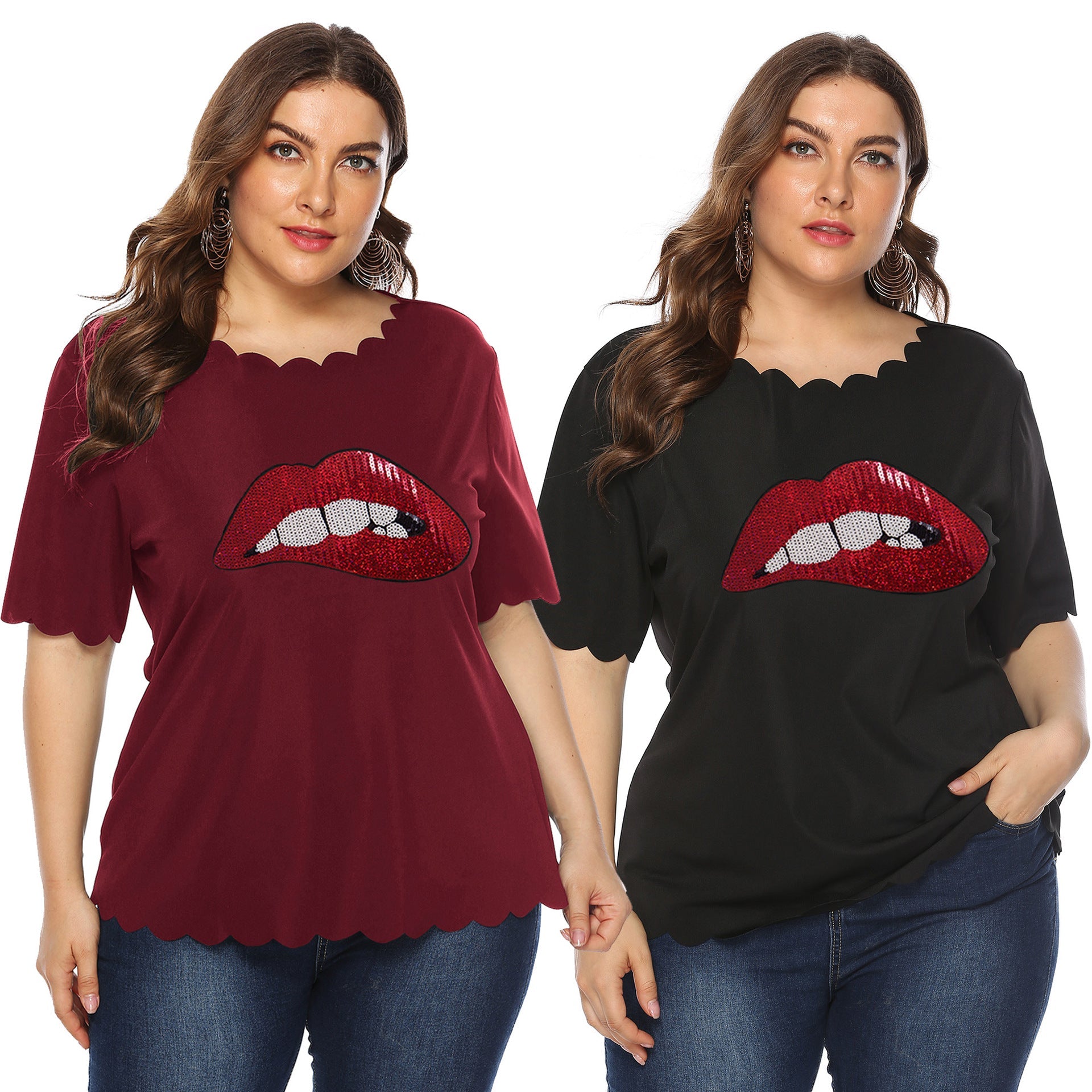 Damen modisches T-Shirt mit glänzendem Lippenmotiv R&B