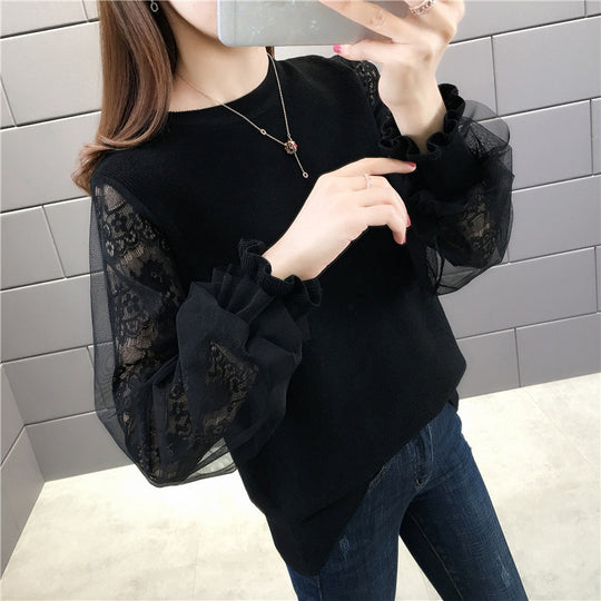 Damen Pullover mit transparenten, voluminösen Ärmeln R&B