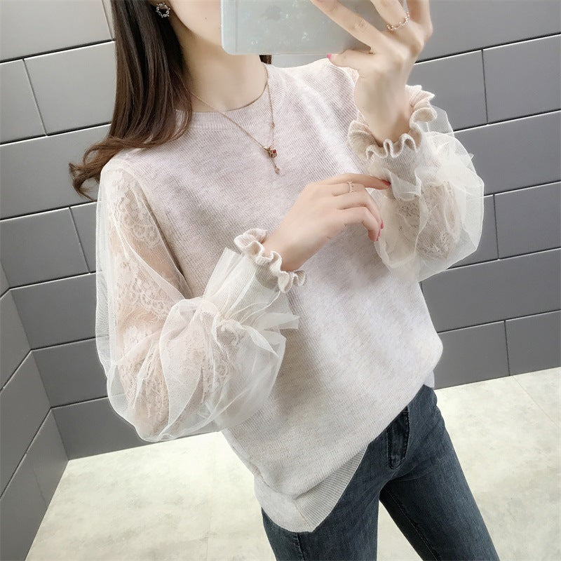Damen Pullover mit transparenten, voluminösen Ärmeln R&B