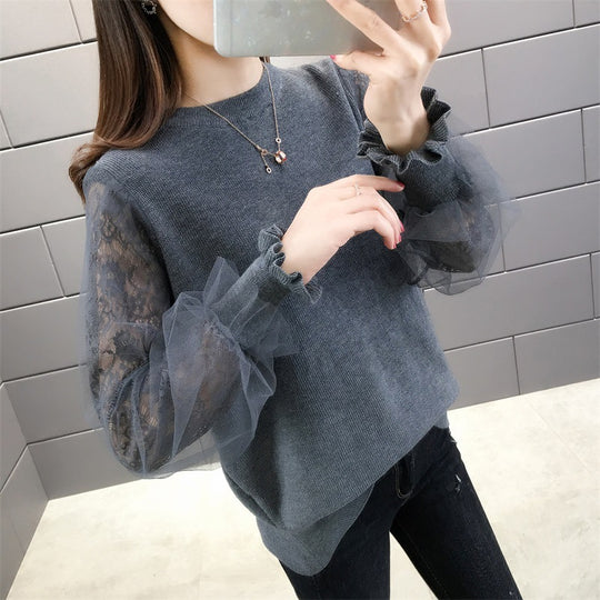 Damen Pullover mit transparenten, voluminösen Ärmeln R&B