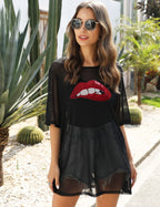 Damen stylisches Strandoberteil mit glitzerndem Lippenmotiv R&B