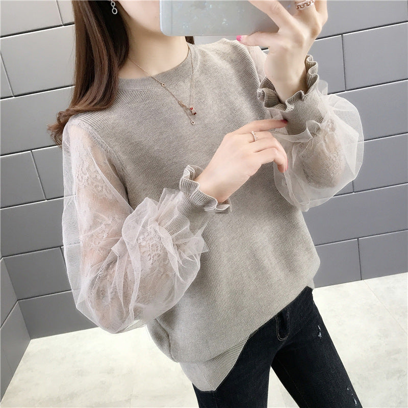 Damen Pullover mit transparenten, voluminösen Ärmeln R&B