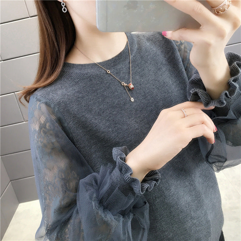 Damen Pullover mit transparenten, voluminösen Ärmeln R&B