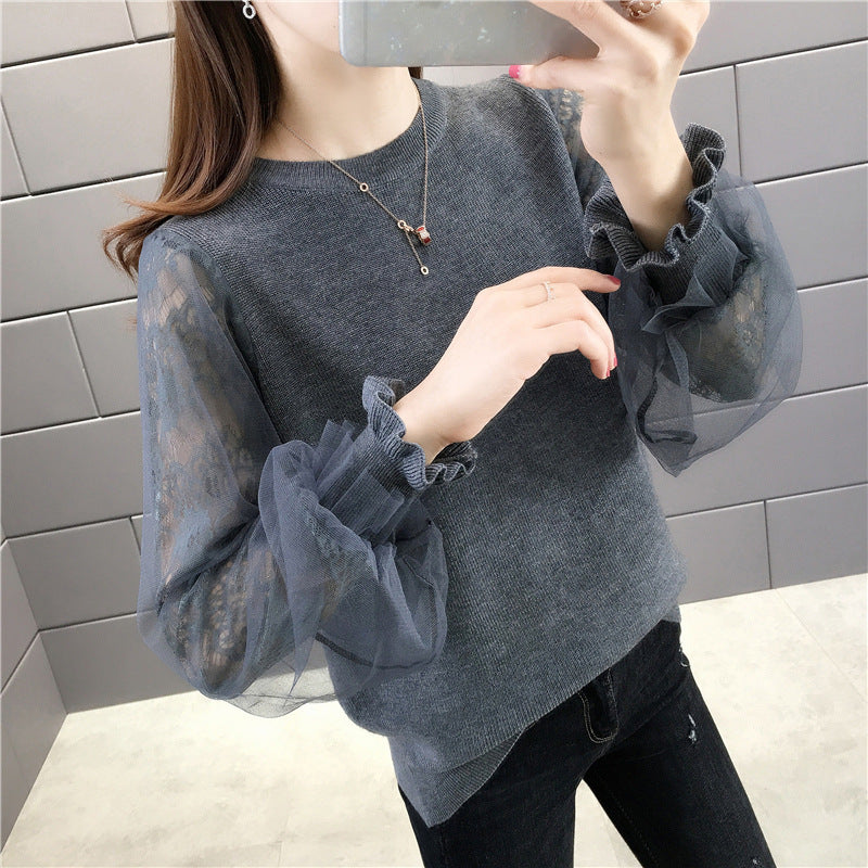 Damen Pullover mit transparenten, voluminösen Ärmeln R&B