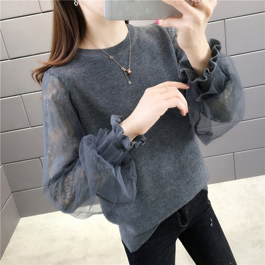 Damen Pullover mit transparenten, voluminösen Ärmeln R&B