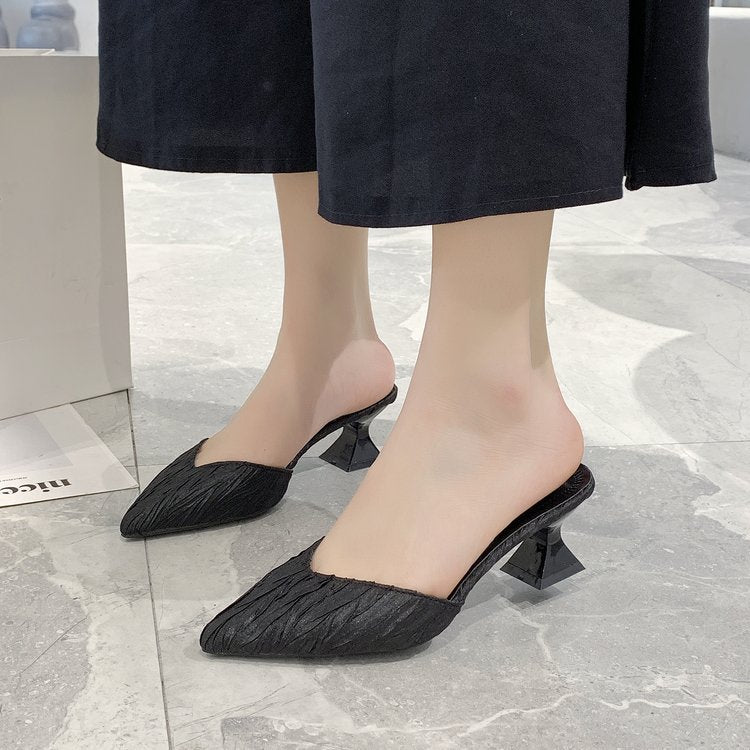 Damen modische offene Mules mit eleganten Falten und Blockabsatz R&B