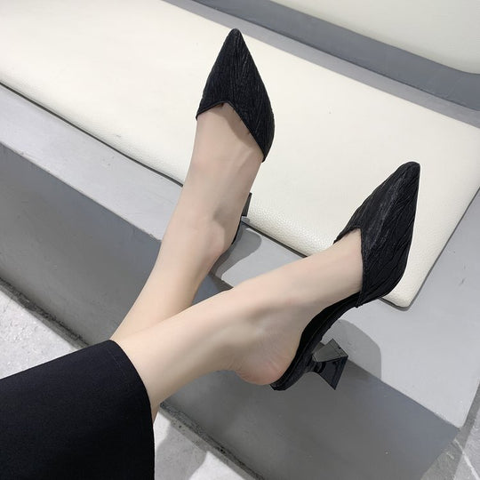 Damen modische offene Mules mit eleganten Falten und Blockabsatz R&B