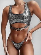 Damen Bikini-Set mit schickem Schlangenmuster und Ketten-Detail