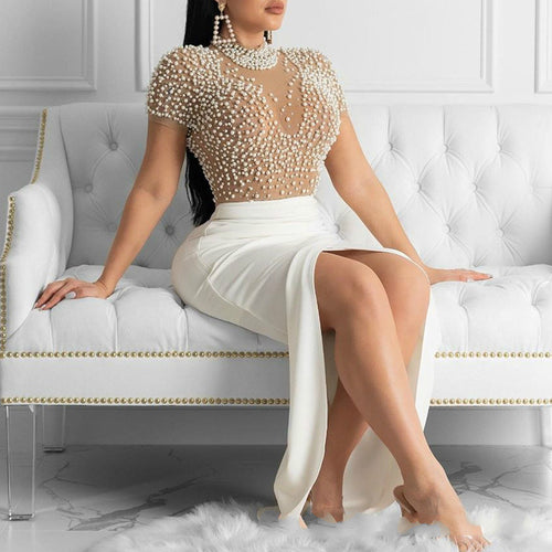 Damen elegantes Maxikleid mit transparentem Oberteil und schimmernden Perlen R&B