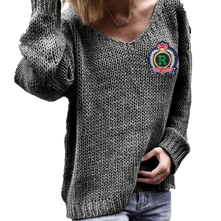 Damen lässiger Strickpullover mit tiefem V-Ausschnitt und seitlichen Schlitzen R&B