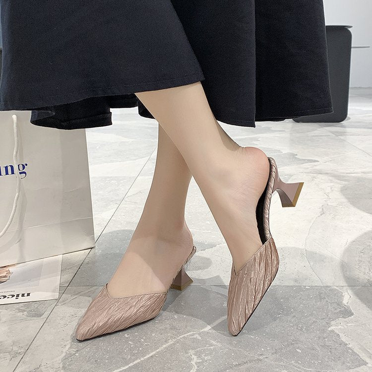Damen modische offene Mules mit eleganten Falten und Blockabsatz R&B
