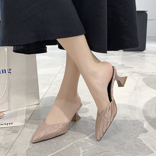 Damen modische offene Mules mit eleganten Falten und Blockabsatz R&B
