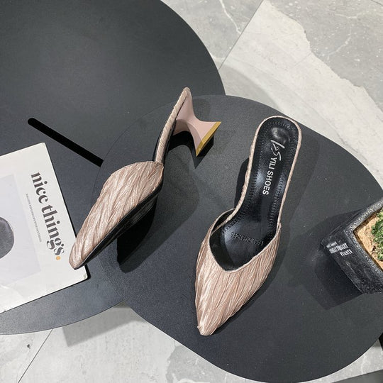 Damen modische offene Mules mit eleganten Falten und Blockabsatz R&B