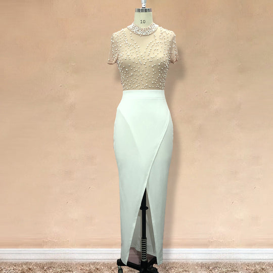 Damen elegantes Maxikleid mit transparentem Oberteil und schimmernden Perlen R&B