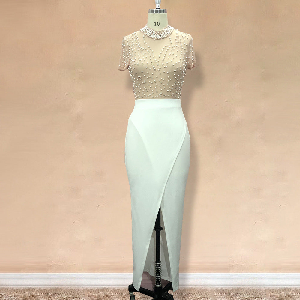 Damen Elegantes Kleid mit transparenten Puffärmeln und Perlenakzenten R&B