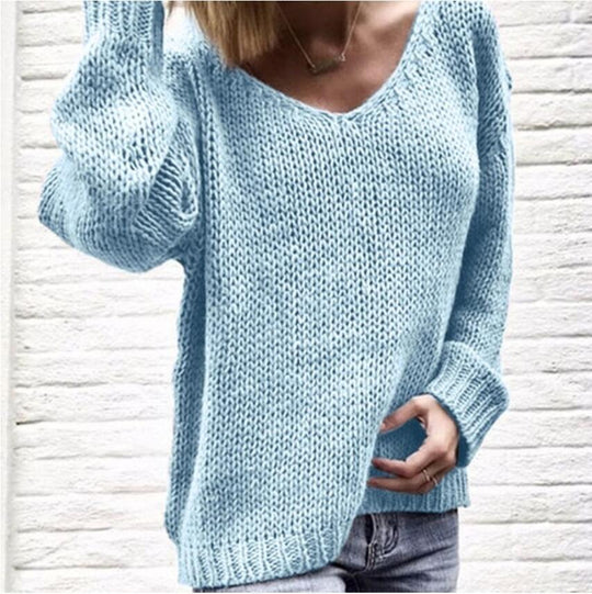 Damen lässiger Strickpullover mit tiefem V-Ausschnitt und seitlichen Schlitzen R&B