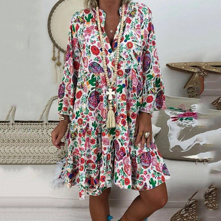 Damen nan A-Linien-Tunika-Minikleid mit V-Ausschnitt, stufigem Volant und Boho-Bandana-Print R&B