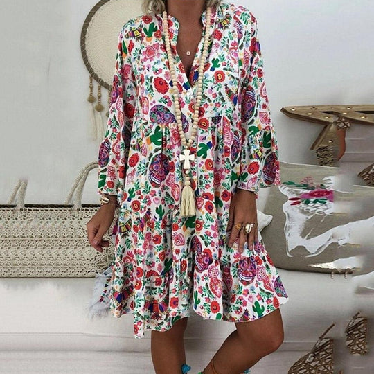 Damen nan A-Linien-Tunika-Minikleid mit V-Ausschnitt, stufigem Volant und Boho-Bandana-Print R&B