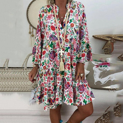 Damen nan A-Linien-Tunika-Minikleid mit V-Ausschnitt, stufigem Volant und Boho-Bandana-Print R&B
