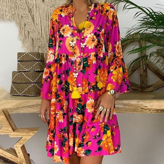 Damen nan A-Linien-Tunika-Minikleid mit V-Ausschnitt, stufigem Volant und Boho-Bandana-Print R&B