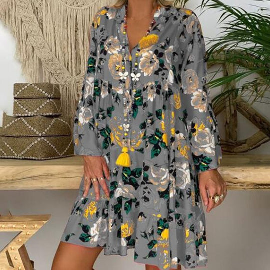 Damen nan A-Linien-Tunika-Minikleid mit V-Ausschnitt, stufigem Volant und Boho-Bandana-Print R&B