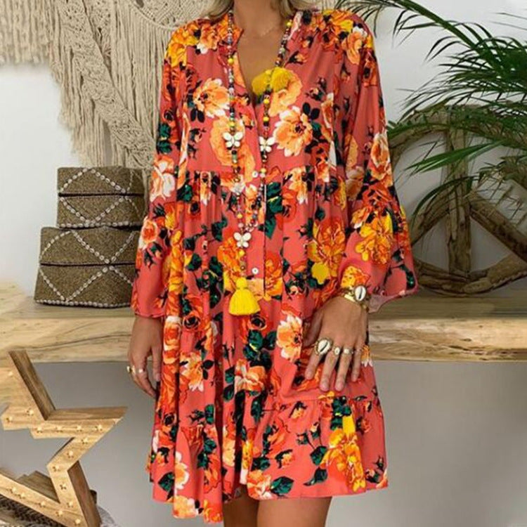 Damen nan A-Linien-Tunika-Minikleid mit V-Ausschnitt, stufigem Volant und Boho-Bandana-Print R&B