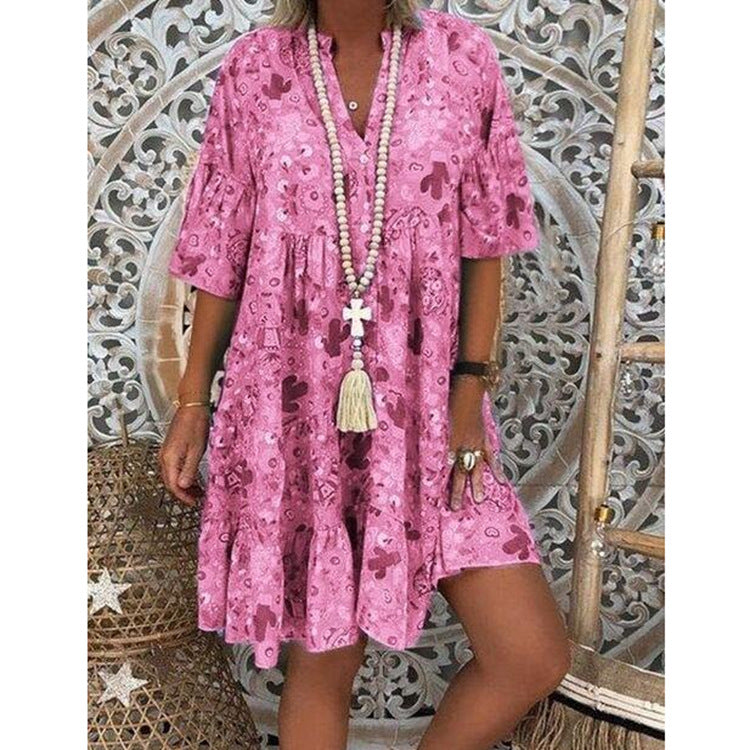 Damen nan A-Linien-Tunika-Minikleid mit V-Ausschnitt, stufigem Volant und Boho-Bandana-Print R&B