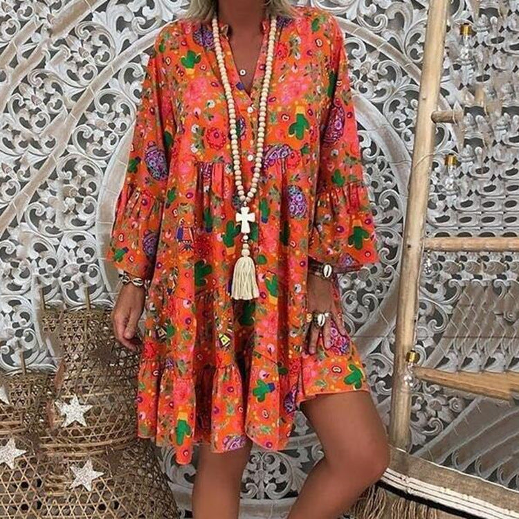 Damen nan A-Linien-Tunika-Minikleid mit V-Ausschnitt, stufigem Volant und Boho-Bandana-Print R&B