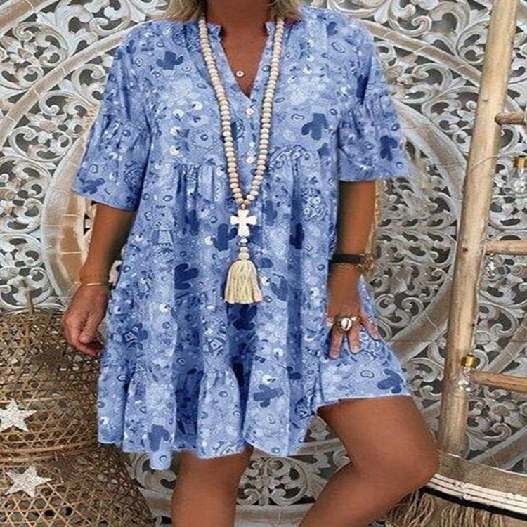 Damen nan A-Linien-Tunika-Minikleid mit V-Ausschnitt, stufigem Volant und Boho-Bandana-Print R&B