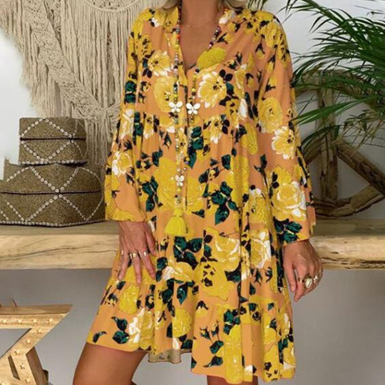 Damen nan A-Linien-Tunika-Minikleid mit V-Ausschnitt, stufigem Volant und Boho-Bandana-Print R&B