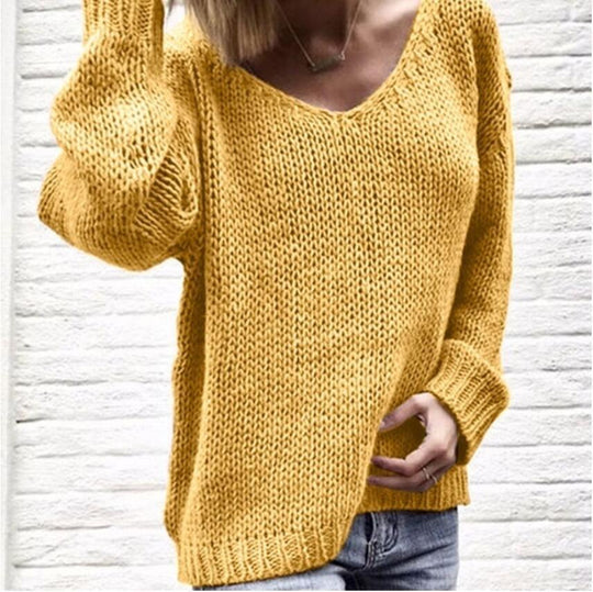 Damen lässiger Strickpullover mit tiefem V-Ausschnitt und seitlichen Schlitzen R&B