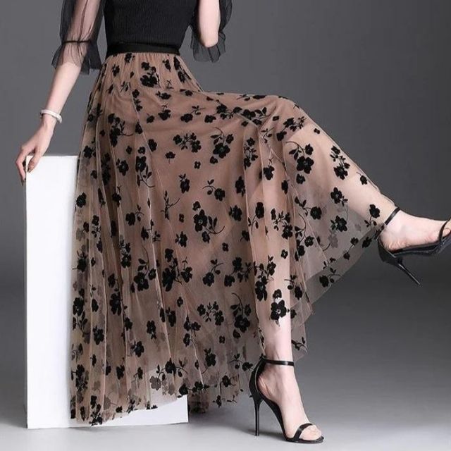 R&B | Eleganter Maxirock Aus Mesh mit Blumenmuster