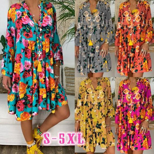 Damen nan A-Linien-Tunika-Minikleid mit V-Ausschnitt, stufigem Volant und Boho-Bandana-Print R&B