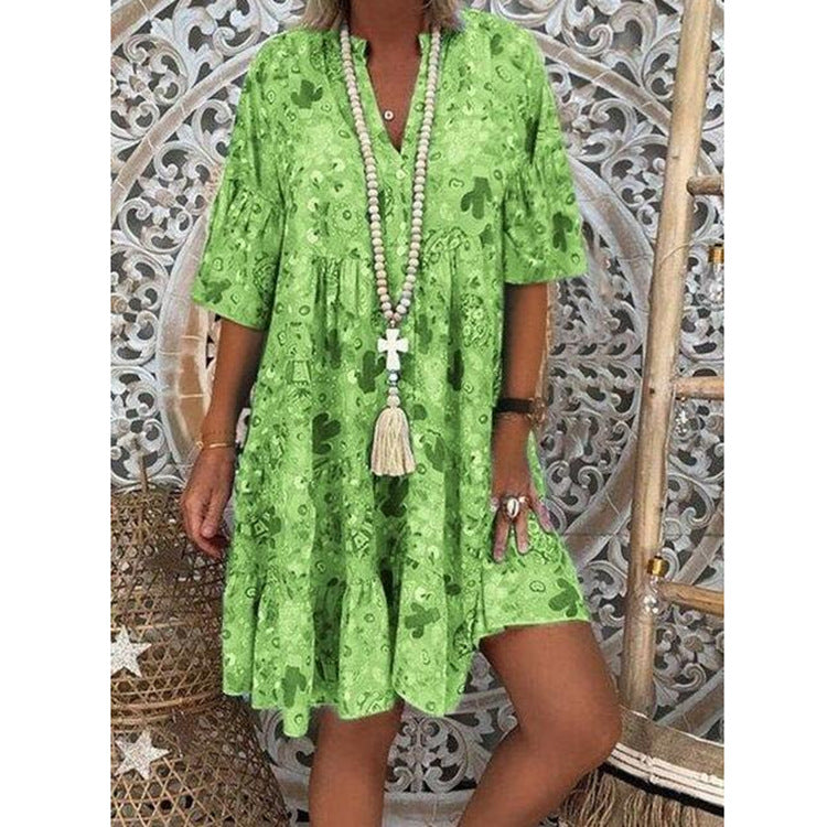 Damen nan A-Linien-Tunika-Minikleid mit V-Ausschnitt, stufigem Volant und Boho-Bandana-Print R&B