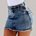Damen figurbetonter Denim-Minirock mit asymmetrischem Saum und fransigen Kanten R&B