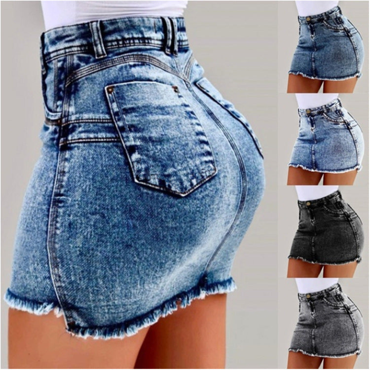 Damen figurbetonter Denim-Minirock mit asymmetrischem Saum und fransigen Kanten R&B