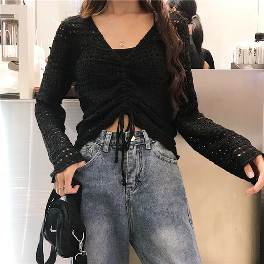 Damen Strickbluse mit dekorativem Lochmuster und verstellbarem Kordelzug R&B