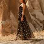 Damen Elegantes Abendkleid aus transparentem Stoff mit Sternenapplikationen R&B