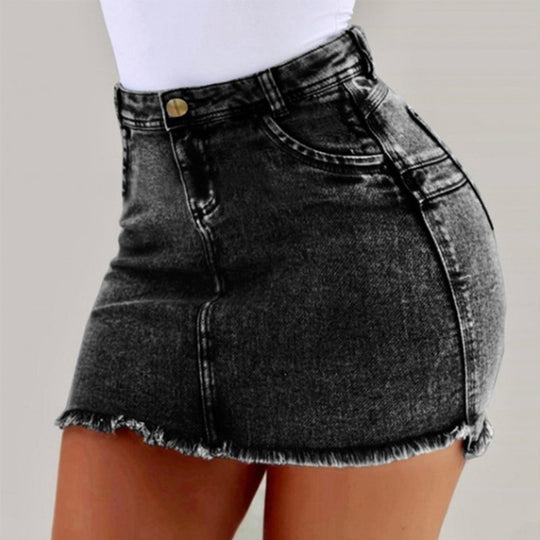 Damen figurbetonter Denim-Minirock mit asymmetrischem Saum und fransigen Kanten R&B