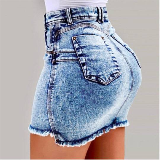 Damen figurbetonter Denim-Minirock mit asymmetrischem Saum und fransigen Kanten R&B