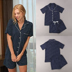 Damen nan zweiteiliges Shorty-Pyjama-Set aus Viskosejersey mit Paspelkragen und Tunnelzugbund R&B