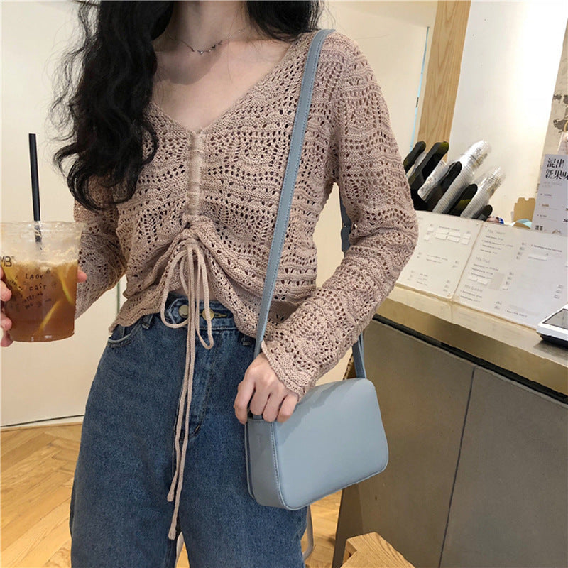 Damen Strickbluse mit dekorativem Lochmuster und verstellbarem Kordelzug