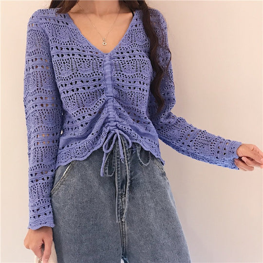Damen Strickbluse mit dekorativem Lochmuster und verstellbarem Kordelzug R&B