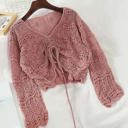 Damen Strickoberteil mit trendigem Lochmuster und verstellbarem Kordelzug R&B