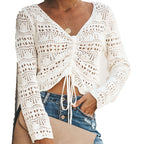 Damen Strickoberteil mit trendigem Lochmuster und verstellbarem Kordelzug