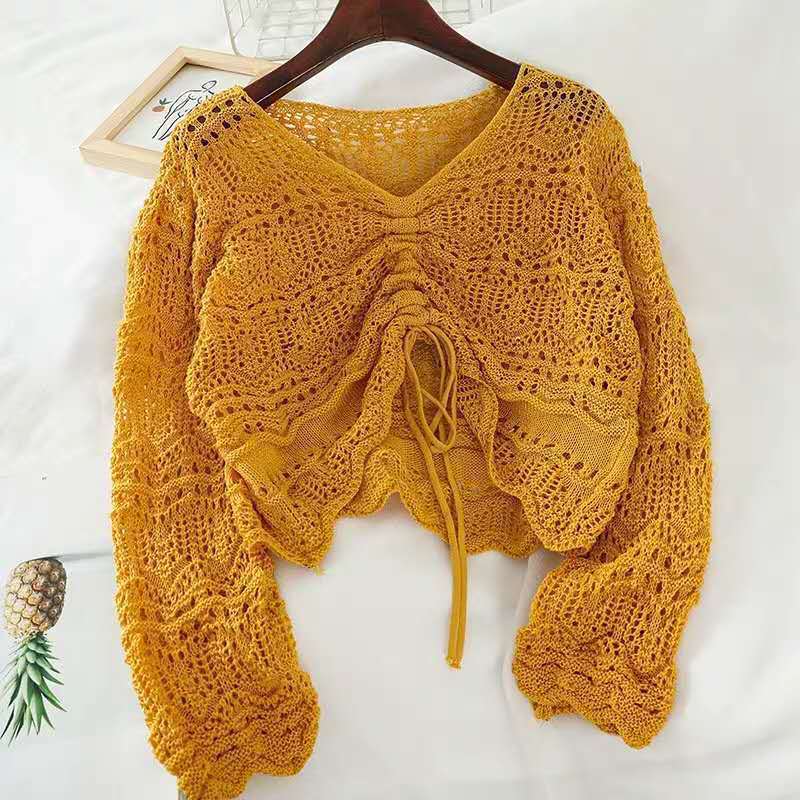 Damen luftige Strickjacke mit raffiniertem Lochmuster und Kordelzug