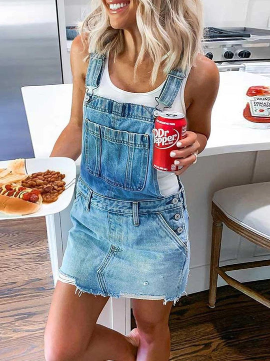 Damen Latzkleid aus hochwertigen Denim mit stylischen Knopfdetails R&B