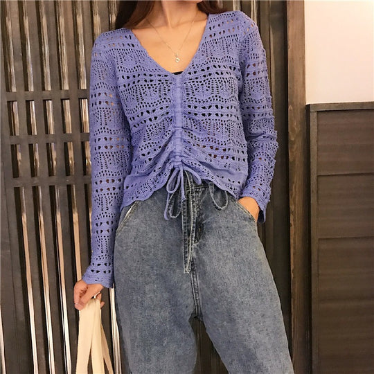 Damen Strickoberteil mit trendigem Lochmuster und verstellbarem Kordelzug R&B