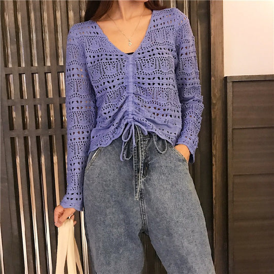 Damen Strickbluse mit dekorativem Lochmuster und verstellbarem Kordelzug R&B
